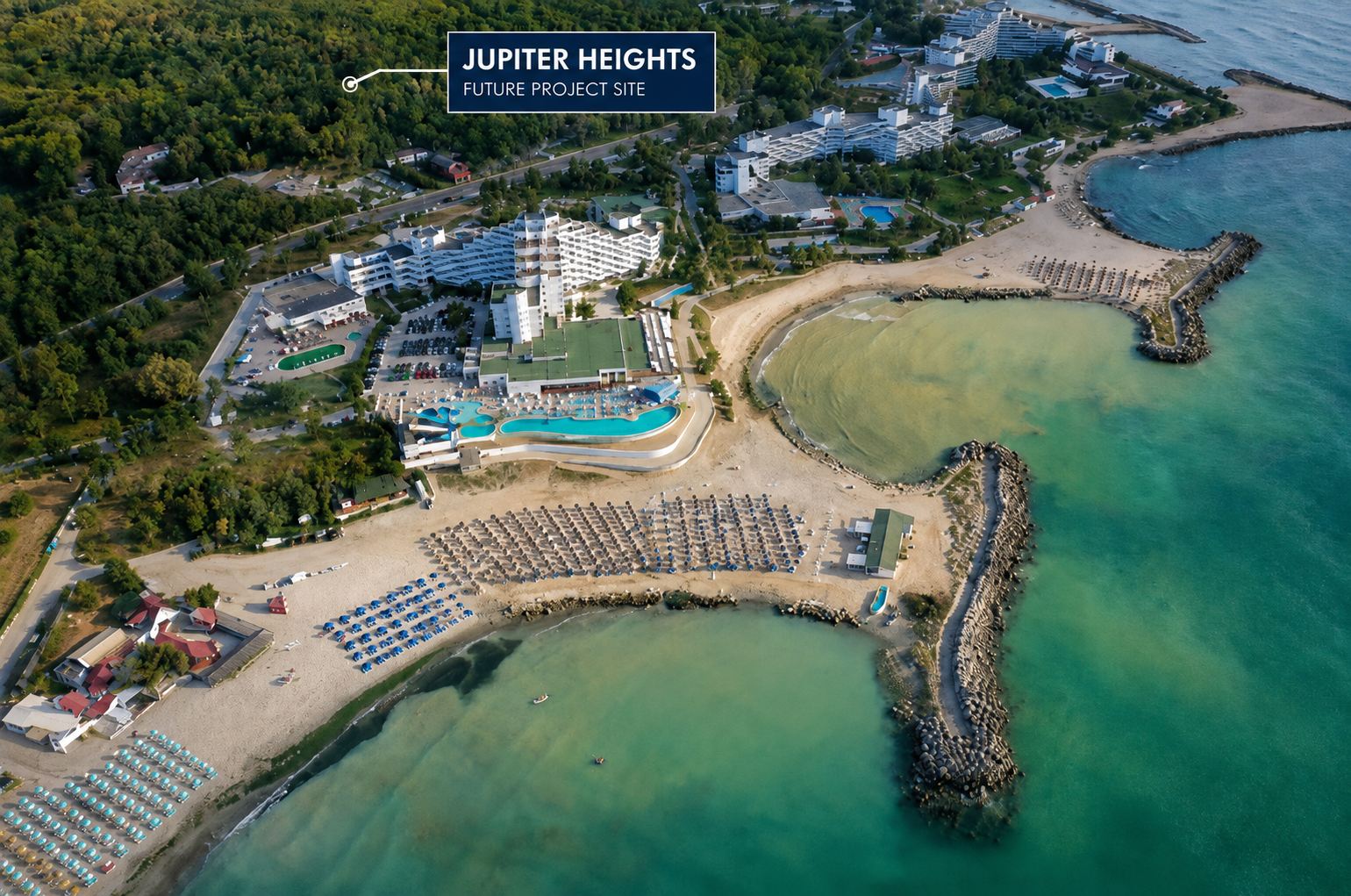Aerial photograph of Cap Aurora showing the Black Sea, the beach, surrounding resorts and the marked Jupiter Heights plot