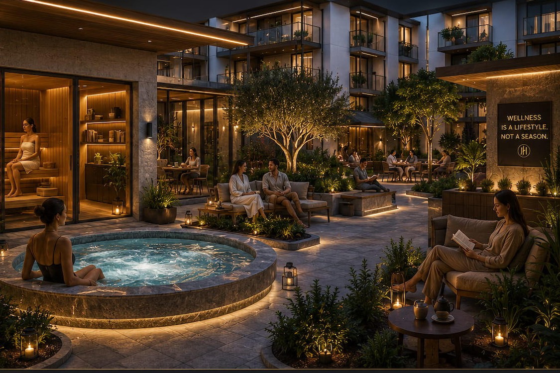 Architectural concept render of an evening wellness garden with jacuzzi, sauna and lounge seating