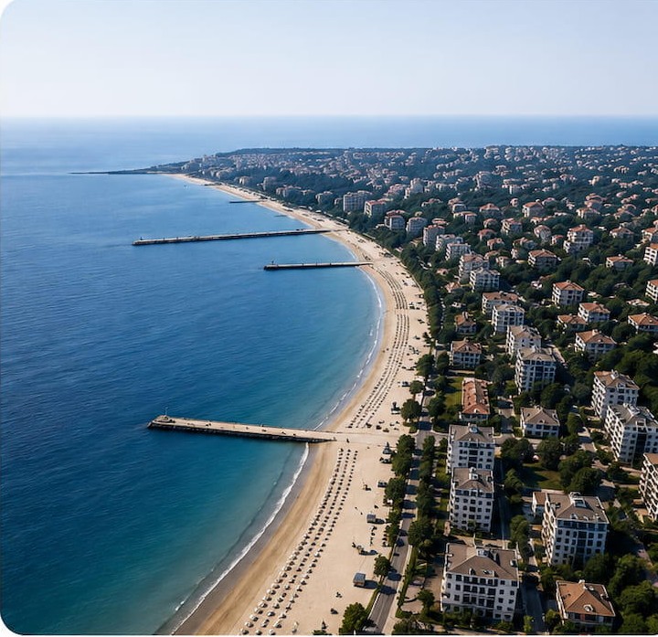 Aerial view of the Cap Aurora beach and Black Sea coastline